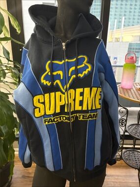 Supreme Black, Dark Blue & Light Blue Fox Racing Zip Hoodie with Yellow Logo